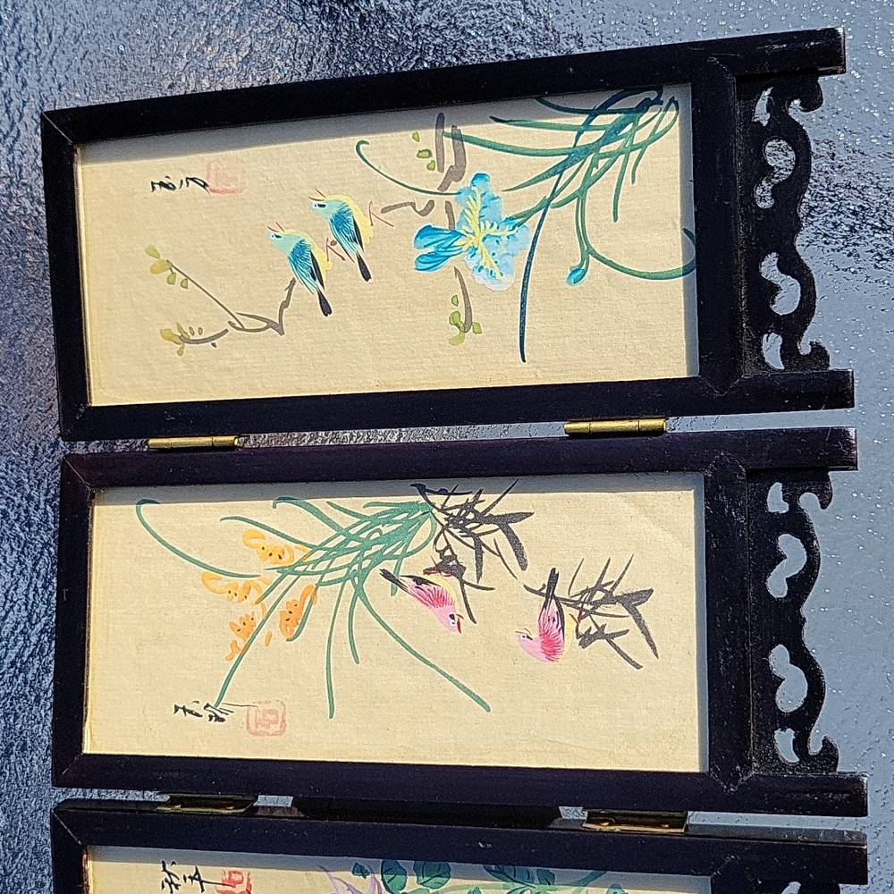 Vintage Chinese 4 Panel Mini Screen Artist Hand Painted Silk Lacquer Wood Glass - Picture 8 of 13